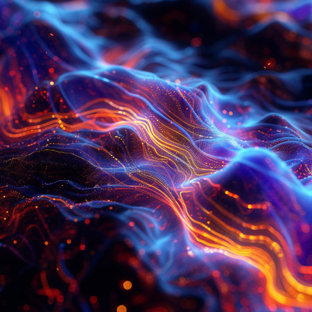 3d render of abstract technology background with glowing particles. Big data visualization.の素材
