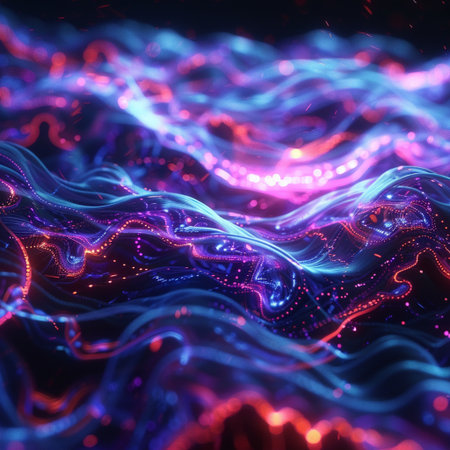 3D rendering of abstract fractal red and blue waves with depth of field and bokeh.の素材