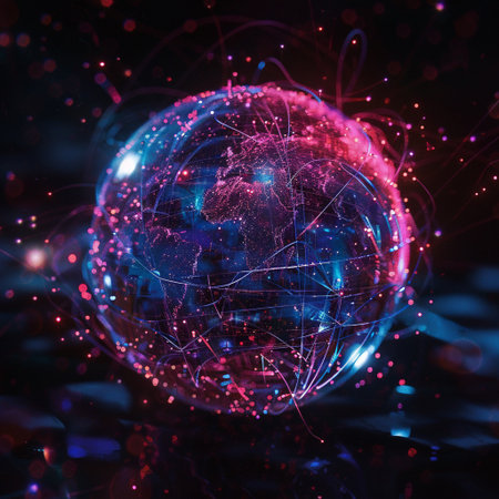 Glowing globe with network connections on dark background. 3D renderingの素材