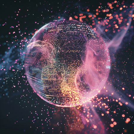 3d rendering of abstract digital globe with particles and light effects.の素材