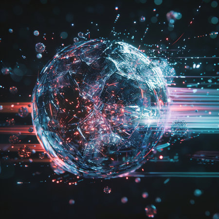 3D illustration of abstract digital globe with particles, lines and lightsの素材