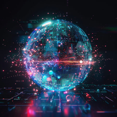Abstract digital globe with circuit on dark background. Technology concept. 3D Renderingの素材