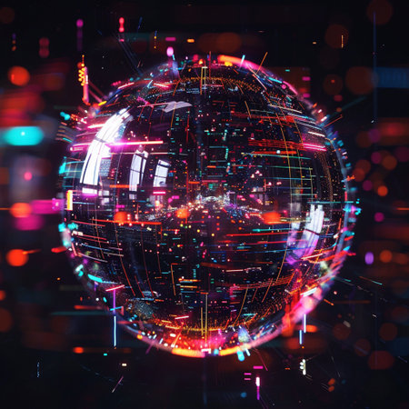 3D render of a futuristic globe with digital lights in the backgroundの素材