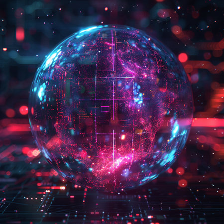Futuristic crystal ball with glowing lines and dots. 3d renderingの素材