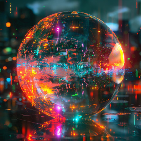 Abstract background with glass sphere and colorful lights. 3D illustrations.の素材