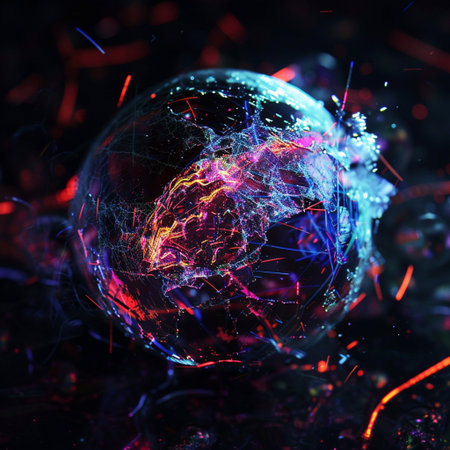 3d illustration of a broken glass globe on a dark background.の素材