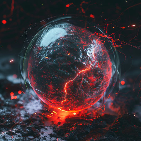 Earth globe with lightning on dark background. 3d render illustration.の素材