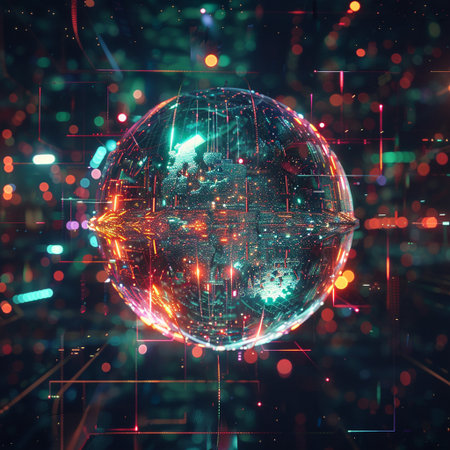 3D rendering of abstract digital globe with glowing lights and dots.の素材