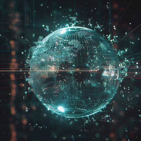 Glowing globe with technology background. 3d rendering toned image double exposureの素材