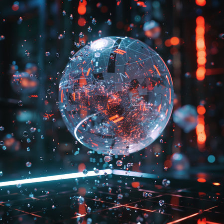 3d render, abstract background with glass globe and flying particles.の素材