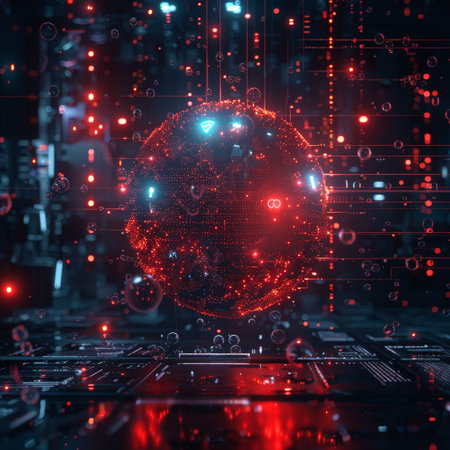 Abstract 3D rendering of artificial intelligence concept. Futuristic HUD interface with polygonal sphere. Technology background.の素材