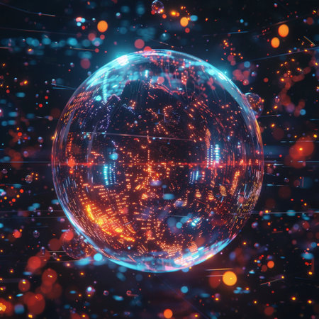Abstract 3d rendering of planet Earth with glowing particles. Technology background.の素材