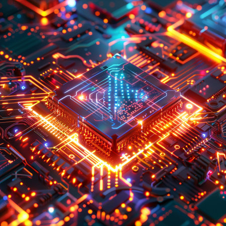 Circuit board. Electronic computer hardware technology. Motherboard digital chip. 3D renderingの素材