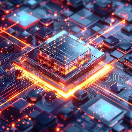 Circuit board. Electronic computer hardware technology. Motherboard digital chip. 3D renderingの素材