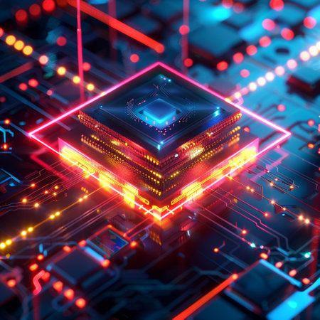 Circuit board. Electronic computer hardware technology. Motherboard digital chip. 3d renderingの素材