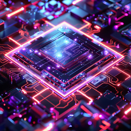 3d rendering of computer microchip with neon lights, close upの素材