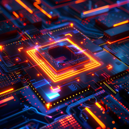 Circuit board close-up. 3d rendering toned imageの素材