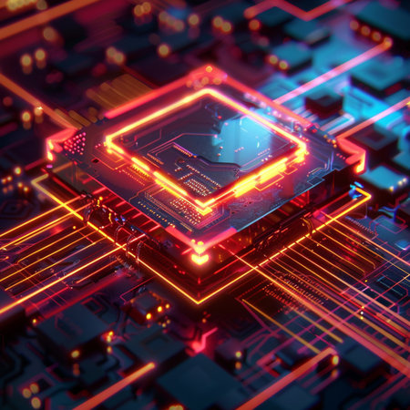 Circuit board. Electronic computer hardware technology. Motherboard digital chip. 3D renderingの素材