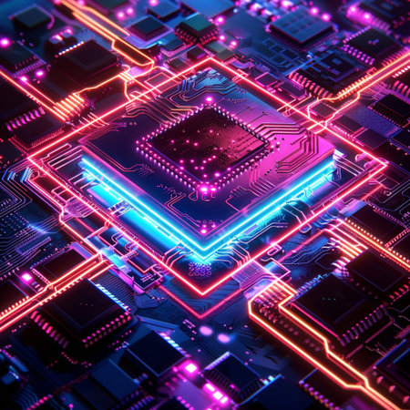 Circuit board. Electronic computer hardware technology. Motherboard digital chip. 3D renderingの素材