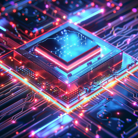 Circuit board. Electronic computer hardware technology. Motherboard digital chip. 3D renderingの素材