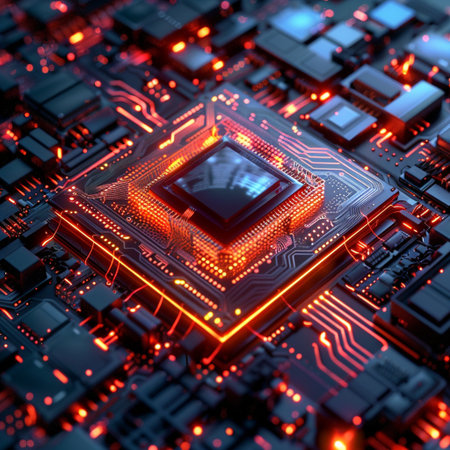 Circuit board. Electronic computer hardware technology. Motherboard digital chip. 3D renderingの素材