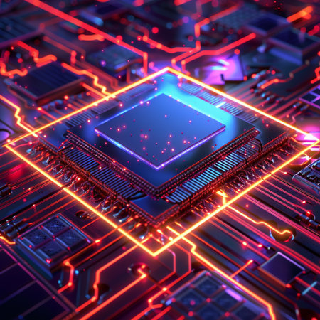 Circuit board. Electronic computer hardware technology. Motherboard digital chip. 3D renderingの素材