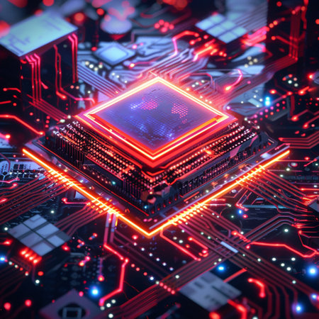 Circuit board. Electronic computer hardware technology. Motherboard digital chip. 3D renderingの素材