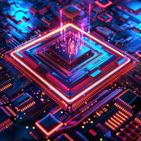 Circuit board. Electronic computer hardware technology. Motherboard digital chip. 3D renderingの素材