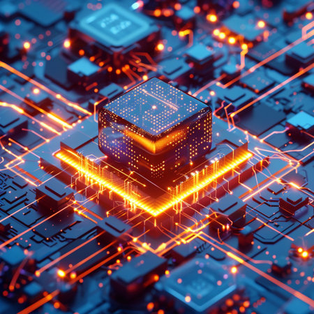 Circuit board. Electronic computer hardware technology. Motherboard digital chip. 3D renderingの素材