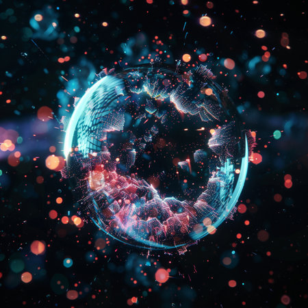 Abstract 3d rendering of digital globe with particles and bokehの素材