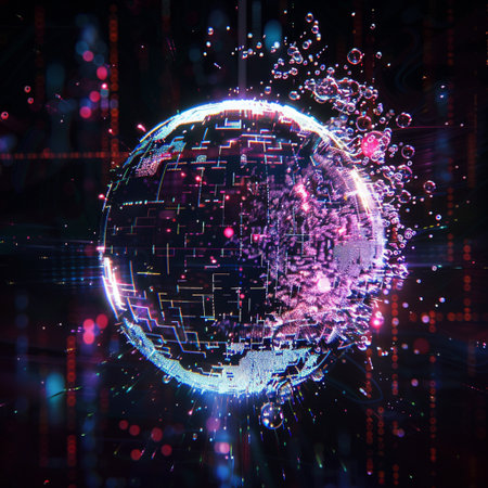 3d rendering of digital globe with glowing particles on dark background.の素材