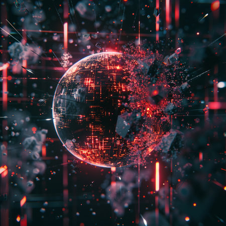3d rendering of a cyber globe with red neon lights on itの素材