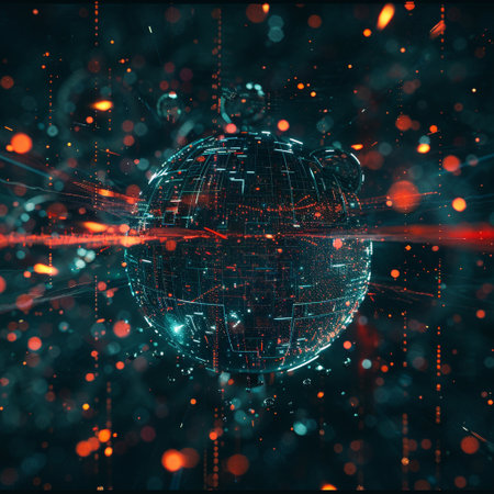 3d rendering of abstract digital technology concept with glowing sphere and lightsの素材