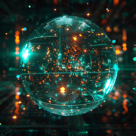 Glowing crystal ball with bokeh lights on dark background. 3D renderingの素材