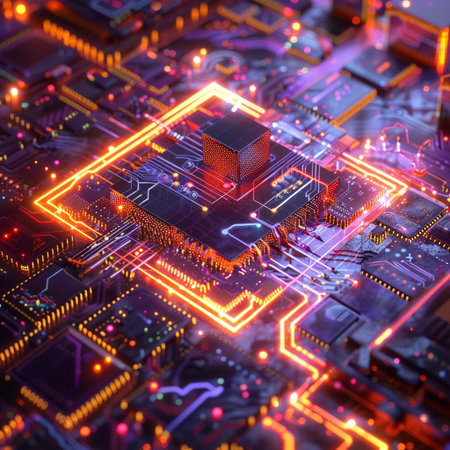 Circuit board. Electronic computer hardware technology. Motherboard digital chip. 3D renderingの素材