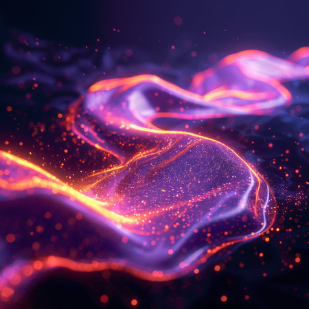 Neon particles wave. 3d rendering, 3d illustration.の素材
