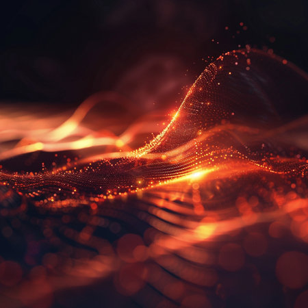 3d rendering of abstract red particles wave with depth of field and bokeh lightsの素材
