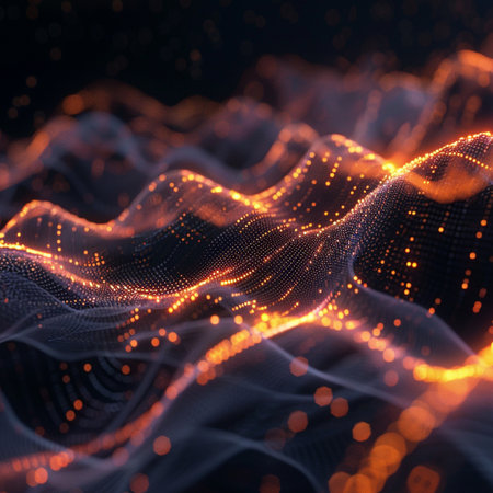 3D rendering of abstract digital wave with particles. Network connection structure. Futuristic technology background.の素材