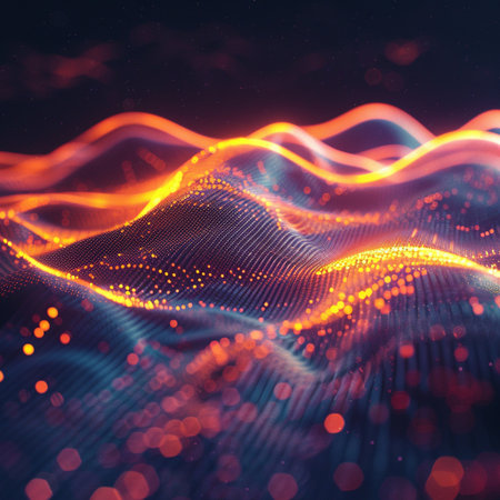 3D rendering of abstract digital background with particles. Futuristic wave with depth of field and bokeh. Big data visualization.の素材