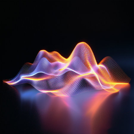 3D rendering abstract digital wave of glowing particles on a dark backgroundの素材
