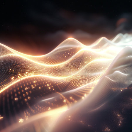 3d rendering of abstract digital landscape with glowing particles in empty spaceの素材