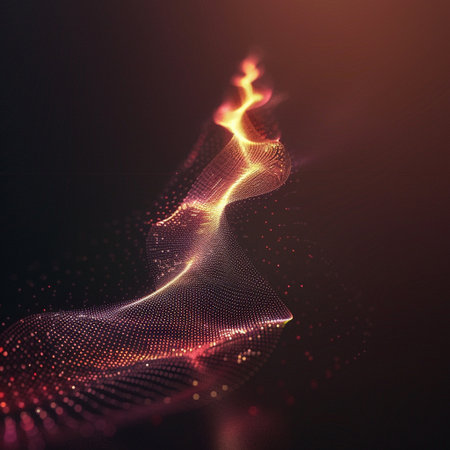 3d rendering of a glowing particle wave with depth of field and bokeh effectの素材