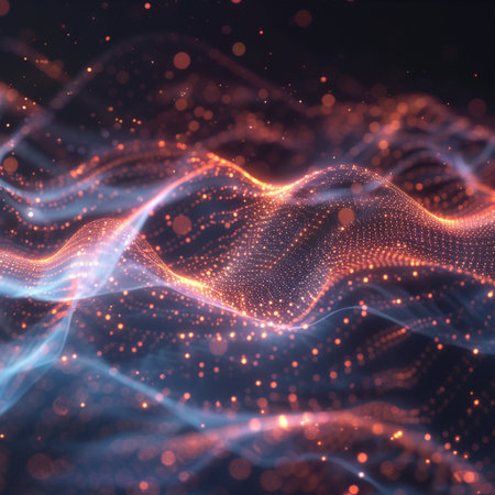 3D abstract background with glowing particles. Big data visualization. Wave of particles.の素材