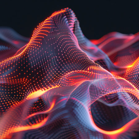 3d render of abstract digital landscape with glowing particles. Futuristic wave of glowing particles.の素材
