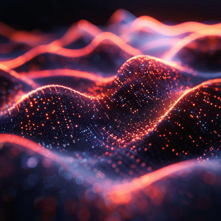 3d rendering of abstract digital wave with depth of field and bokeh lightsの素材