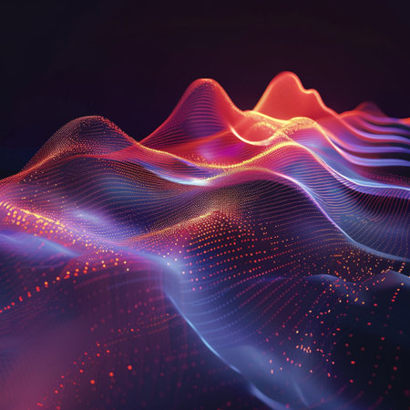 3d rendering of abstract digital landscape with flowing particles and bright lightsの素材