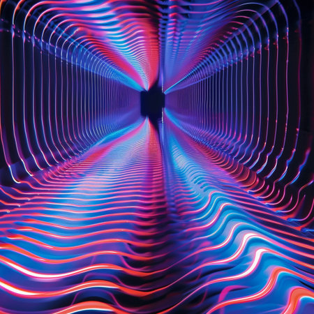 Abstract blue and red lines in a dark tunnel. 3d renderingの素材