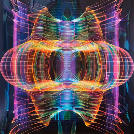 3d rendering of a human heart with colorful lights in the backgroundの素材