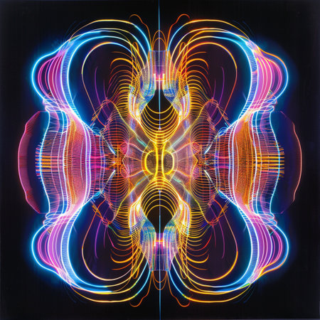 Neon glowing lines on black background. Abstract fractal. 3d renderingの素材