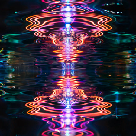 Reflection of colorful lights on water surface. Abstract background for design.の素材